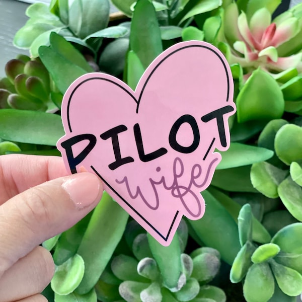 Pilot Wife Pink Heart Vinyl Sticker, Water Resistant Water Bottle Sticker, Aviation Gift for Her, Birthday Gift for Aviation Wife