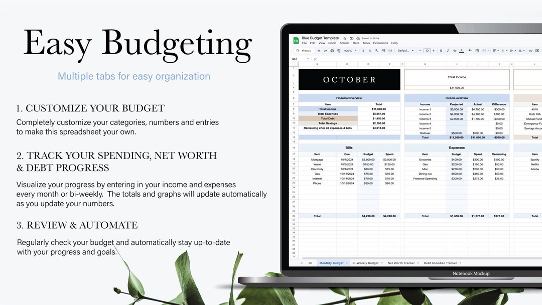 Blue Budget Template Spreadsheet Google Sheets Planner Monthly Biweekly ...