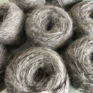 May include: Close-up of several spools of gray yarn, each wound into a tight circle.