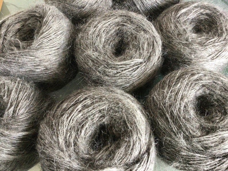 May include: Close-up of several spools of gray yarn, each wound into a tight circle.