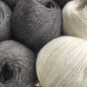 May include: Four balls of yarn, two are dark gray and two are light beige. The yarn is soft and fluffy.