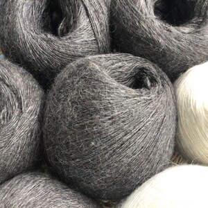 May include: Close-up of balls of yarn in various shades of gray and white. The yarn is soft and fluffy, and the balls are arranged in a basket.