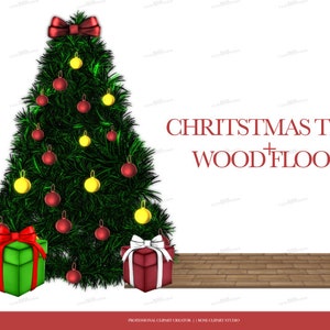 May include: A green Christmas tree with red and yellow ornaments and a red bow on top. There are three wrapped presents under the tree. The tree is in front of a wooden floor.