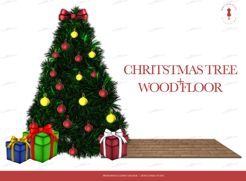 May include: A green Christmas tree with red and yellow ornaments and a red bow on top. There are three wrapped presents under the tree. The tree is in front of a wooden floor.
