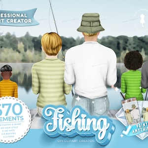 FatherSon Pesca clipart Imágenes prediseñadas del día del padre Papá e hijos pescando Lago Paisaje Padre e hijo Imágenes prediseñadas personalizables