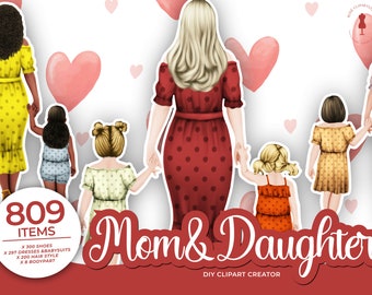 Moeder en dochter clipart, Moederdag clipart, moeder en kind, mama clipart, mode clipart, meisjes clipart, Moederdag cadeau