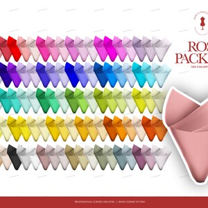 May include: A set of 100 digital paper rose clipart images in various colors. The image shows a collection of rose-shaped paper designs in a rainbow of colors, including red, orange, yellow, green, blue, purple, pink, and white. The image also includes a single pink rose-shaped paper design in the lower right corner.