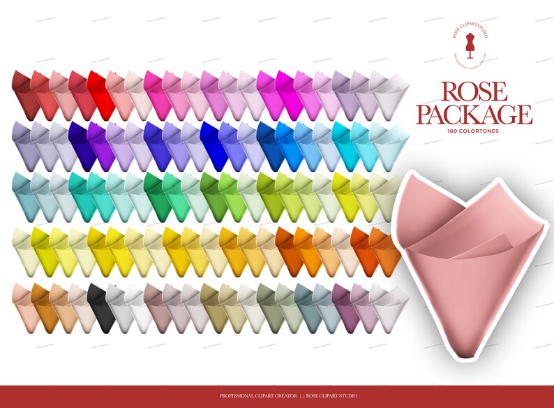 May include: A set of 100 digital paper rose clipart images in various colors. The image shows a collection of rose-shaped paper designs in a rainbow of colors, including red, orange, yellow, green, blue, purple, pink, and white. The image also includes a single pink rose-shaped paper design in the lower right corner.