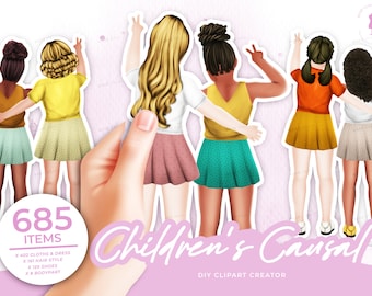Children causual clipart ,BFF Best Friend Love Clip Art , BFF Clipart, Soul Sisters,Best Friends Clipart, Customizable,Custom Portrait