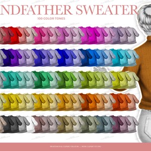 May include: Illustration of a collection of grandfather sweaters in various colors, including red, purple, blue, green, yellow, and brown. The text "GRANDFATHER SWEATER" and "100 COLOR TONES" are displayed at the top of the image.