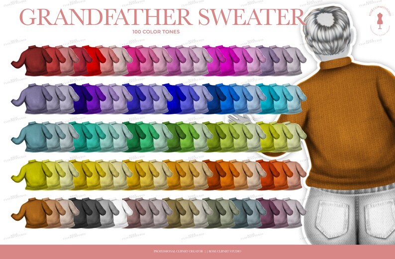 May include: Illustration of a collection of grandfather sweaters in various colors, including red, purple, blue, green, yellow, and brown. The text "GRANDFATHER SWEATER" and "100 COLOR TONES" are displayed at the top of the image.