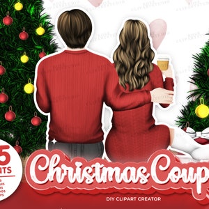 May include: A digital illustration of a Christmas couple in red sweaters and a Christmas tree with ornaments. The text "735 Elements" and "Christmas Couple" is in red with white outlines. The text "DIY Clipart Creator" is in white.