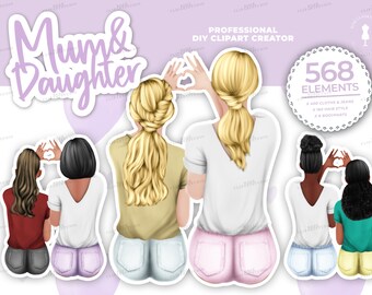 Mum & Daughters Clip Art , Heart hands girls Clipart, Family Clipart, Daughters clipart,Mother's day clipart ,Customizable,Custom Portrait