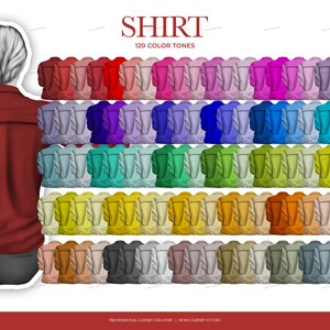 May include: A set of 120 color variations of a shirt, displayed on a white background. The shirt is a long-sleeved button-down style with a collar. The colors range from bright reds and oranges to soft blues and greens.