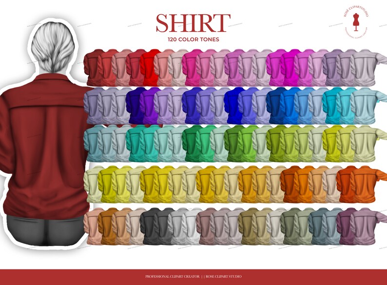 May include: A set of 120 color variations of a shirt, displayed on a white background. The shirt is a long-sleeved button-down style with a collar. The colors range from bright reds and oranges to soft blues and greens.