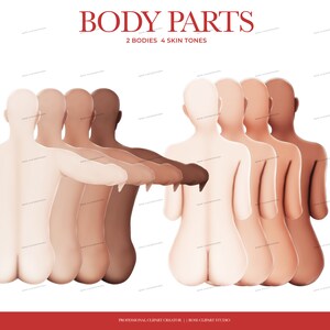 May include: Four different skin tone variations of two back-to-back nude bodies. The bodies are posed with their arms crossed behind their backs. The image is titled "Body Parts" with the text "2 Bodies 4 Skin Tones".
