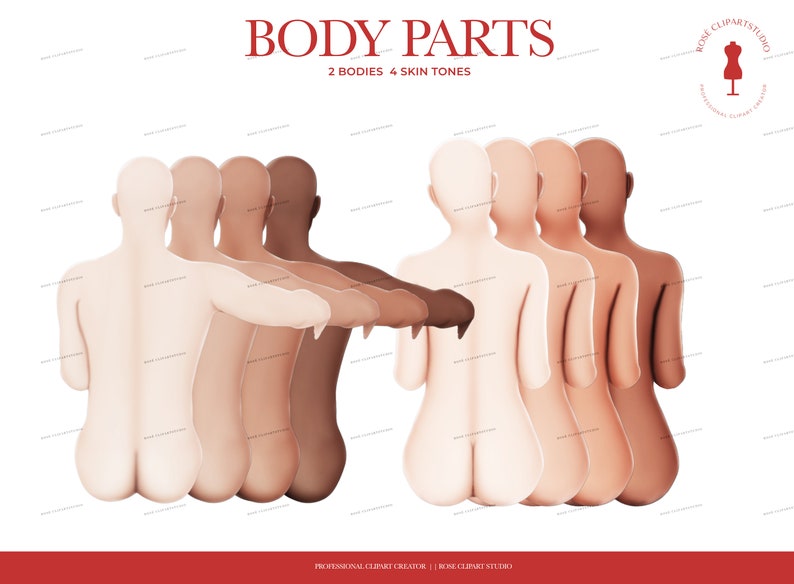May include: Four different skin tone variations of two back-to-back nude bodies. The bodies are posed with their arms crossed behind their backs. The image is titled "Body Parts" with the text "2 Bodies 4 Skin Tones".