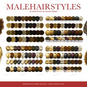 May include: A digital illustration of 16 different male hairstyles in 10 color tones. The hairstyles are shown from the top and back views. The text "MALEHAIRSTYLES" and "16 HAIR STYLE 10 COLOR TONES" is displayed at the top of the image.