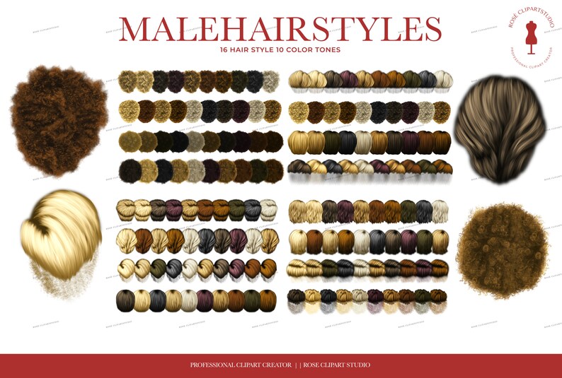May include: A digital illustration of 16 different male hairstyles in 10 color tones. The hairstyles are shown from the top and back views. The text "MALEHAIRSTYLES" and "16 HAIR STYLE 10 COLOR TONES" is displayed at the top of the image.