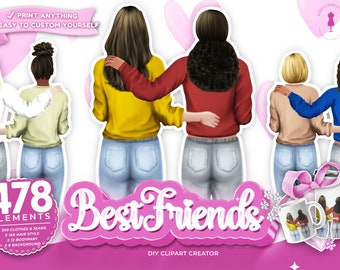 BFF Best Friend Love Clip Art , Sitting girls , BFF Clipart, Soul Sisters, Best Friends Clipart, Customizable, Custom Portrait