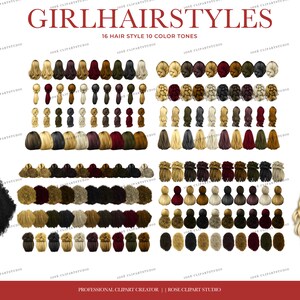 May include: A digital illustration set of 160 different hairstyles for girls. The set includes 16 different hairstyles in 10 different color tones. The hairstyles are all drawn in a cartoon style and are perfect for use in digital art, scrapbooking, and other creative projects.