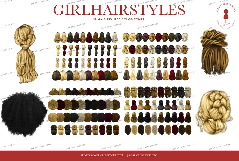 May include: A digital illustration set of 160 different hairstyles for girls. The set includes 16 different hairstyles in 10 different color tones. The hairstyles are all drawn in a cartoon style and are perfect for use in digital art, scrapbooking, and other creative projects.