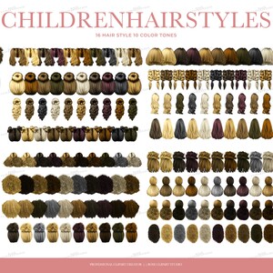 May include: An illustration featuring various children's hairstyles in different colors. The image includes text that reads "CHILDREN HAIRSTYLES" and "16 HAIR STYLE 10 COLOR TONES". The hairstyles range from buns to braids and ponytails.