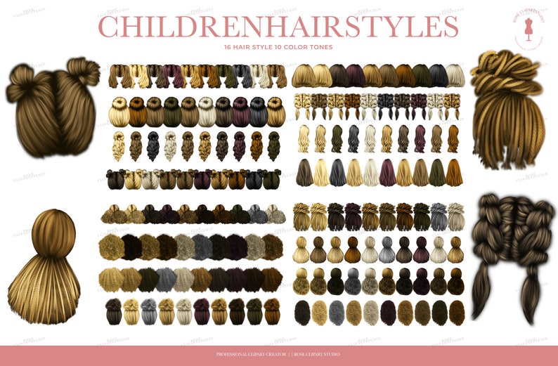 May include: An illustration featuring various children's hairstyles in different colors. The image includes text that reads "CHILDREN HAIRSTYLES" and "16 HAIR STYLE 10 COLOR TONES". The hairstyles range from buns to braids and ponytails.