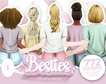BFF Best Friend Love Clip Art , Heart hands girls BFF Clipart, Soul Sisters,Best Friends Clipart, Customizable,Custom Portrait
