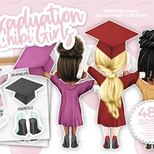 Clipart de chibi para meninas de formatura, clipart de colegas de classe, vestidos de formatura, clipart de menina bonita, boneca de menina, clipart de estudantes, caneca de formatura, BFFClipart