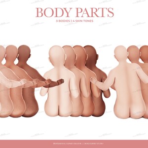 May include: Illustration of multiple figures with varying skin tones, viewed from the back. The figures are arranged in a row, with their arms touching. The text "BODY PARTS" is at the top, along with "3 BODIES | 4 SKIN TONES".