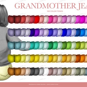 May include: An illustration featuring a woman in a gray sweater and a variety of colorful jean shorts. The text "GRANDMOTHER JEANS" is displayed above the shorts, with "100 COLOR TONES" below. The shorts are arranged in rows of different colors.