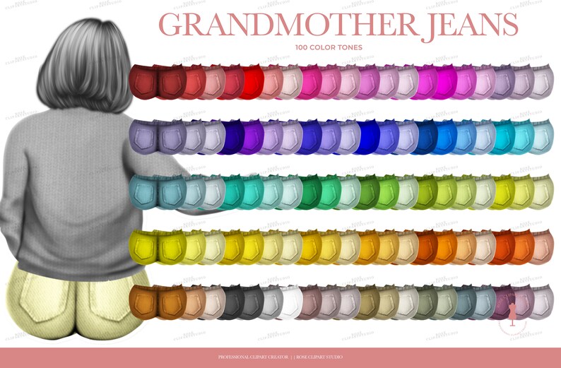 May include: An illustration featuring a woman in a gray sweater and a variety of colorful jean shorts. The text "GRANDMOTHER JEANS" is displayed above the shorts, with "100 COLOR TONES" below. The shorts are arranged in rows of different colors.
