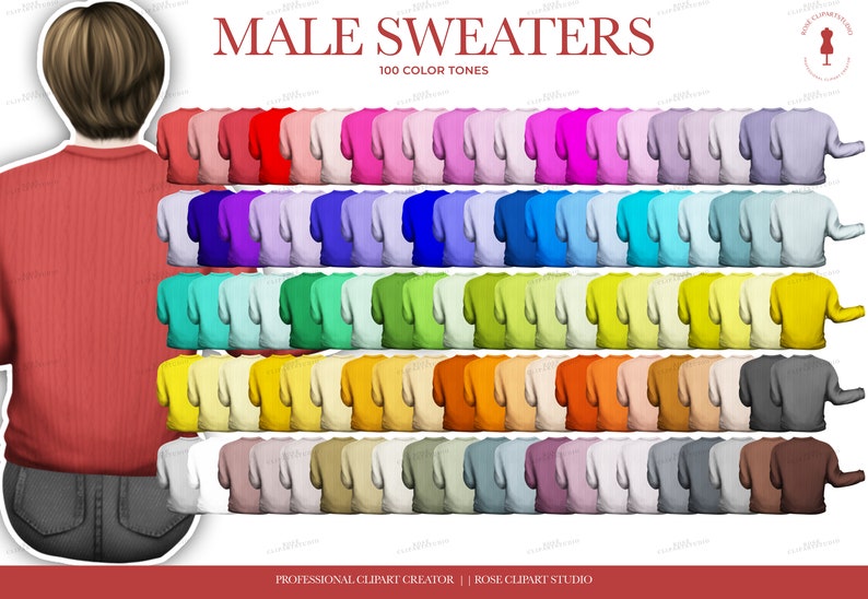 May include: A collection of 100 color tones of sweaters. The sweaters are all the same style, with long sleeves and a crew neck. The sweaters are arranged in rows of 10, with each row featuring a different color.