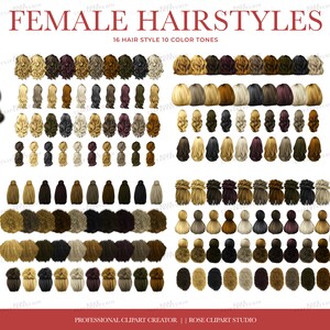 May include: A digital illustration set of 16 different female hairstyles in 10 color tones. The hairstyles include curly, straight, and braided styles. The image includes the text "FEMALE HAIRSTYLES" and "16 HAIR STYLE 10 COLOR TONES".