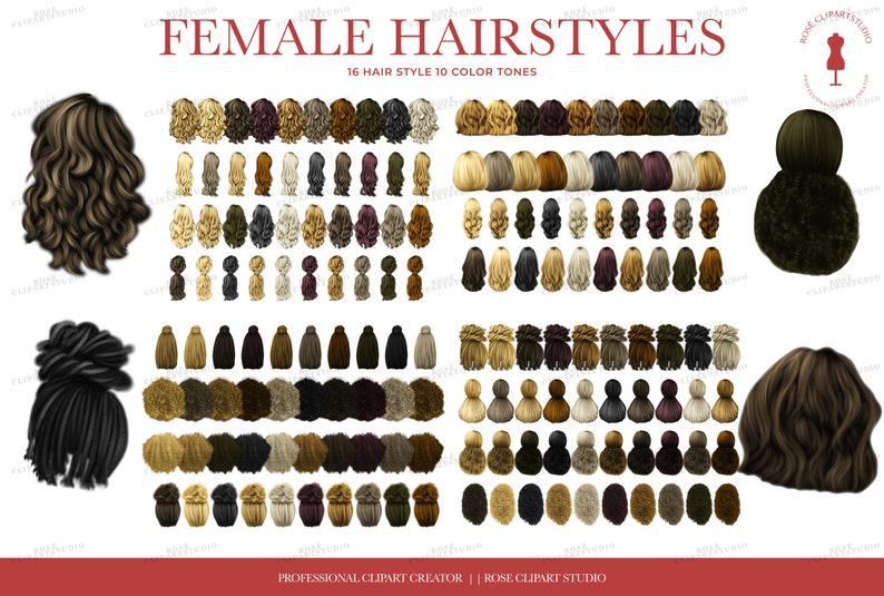 May include: A digital illustration set of 16 different female hairstyles in 10 color tones. The hairstyles include curly, straight, and braided styles. The image includes the text "FEMALE HAIRSTYLES" and "16 HAIR STYLE 10 COLOR TONES".