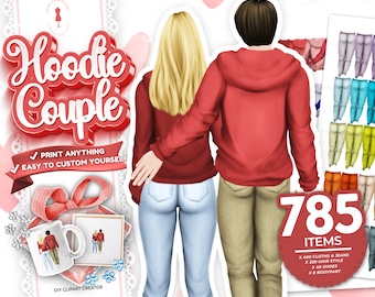 Hoodie Couple clipart, Best friend clipart, Personalized Illustration, romantic family couple, VALENTINES COUPLES Instant download PNG