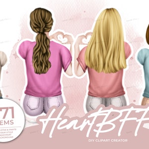 BFF Best Friend Love Clip Art, Corazón manos niñas BFF Clipart, Soul Sisters, Mejores amigos Clipart, Personalizable, Retrato personalizado