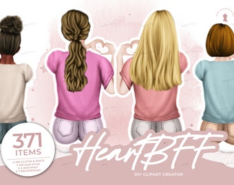 BFF Best Friend Love Clip Art , Heart hands girls BFF Clipart, Soul Sisters,Best Friends Clipart, Customizable,Custom Portrait