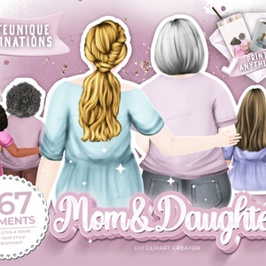 Mom and Daughter Clipart, Sitting Family,Plus Size Girls, Mother's Day Gift Ideas, Elderly Mother,Custom Family Portrait, daughter clipart,