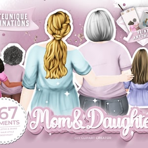 Mom and Daughter Clipart, Sitting Family,Plus Size Girls, Mother's Day Gift Ideas, Elderly Mother,Custom Family Portrait, daughter clipart,