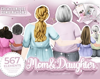 Mom and Daughter Clipart, Sitting Family,Plus Size Girls, Mother's Day Gift Ideas, Elderly Mother,Custom Family Portrait, daughter clipart,