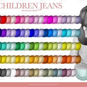 May include: An illustration of children's jeans in 100 color tones. The image features a variety of denim shorts in different colors, arranged in rows. The text "CHILDREN JEANS" is at the top. A child's silhouette is on the right side of the image.
