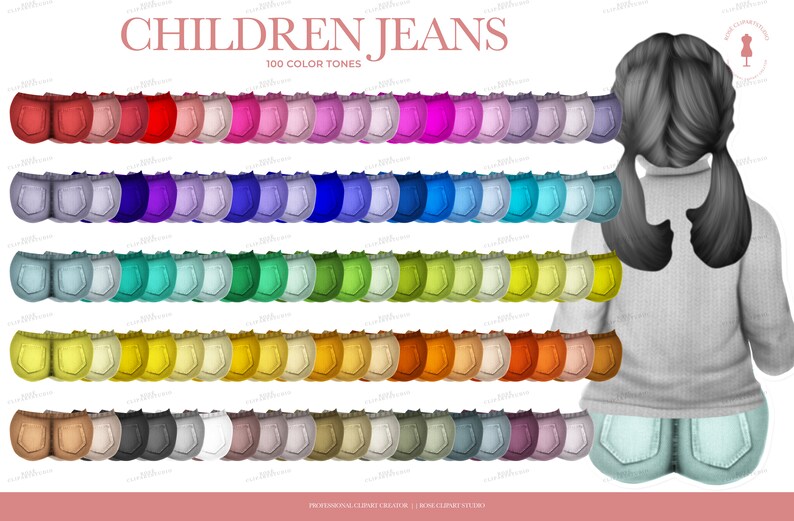 May include: An illustration of children's jeans in 100 color tones. The image features a variety of denim shorts in different colors, arranged in rows. The text "CHILDREN JEANS" is at the top. A child's silhouette is on the right side of the image.