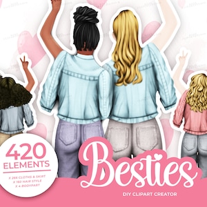 BFF Best Friend Love Clip Art, Corazón manos niñas BFF Clipart, Soul Sisters, Mejores amigos Clipart, Personalizable, Retrato personalizado