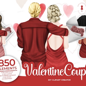 May include: A digital illustration of four Valentine's Day couples. The couples are in various poses, including hugging, holding hands, and looking at each other. The illustration is in a cartoon style and features bright colors. The text "850 Elements" and "Valentine Couple" is included in the image.