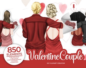 May include: A digital illustration of four Valentine's Day couples. The couples are in various poses, including hugging, holding hands, and looking at each other. The illustration is in a cartoon style and features bright colours. The text "850 Elements" and "Valentine Couple" is included in the image.