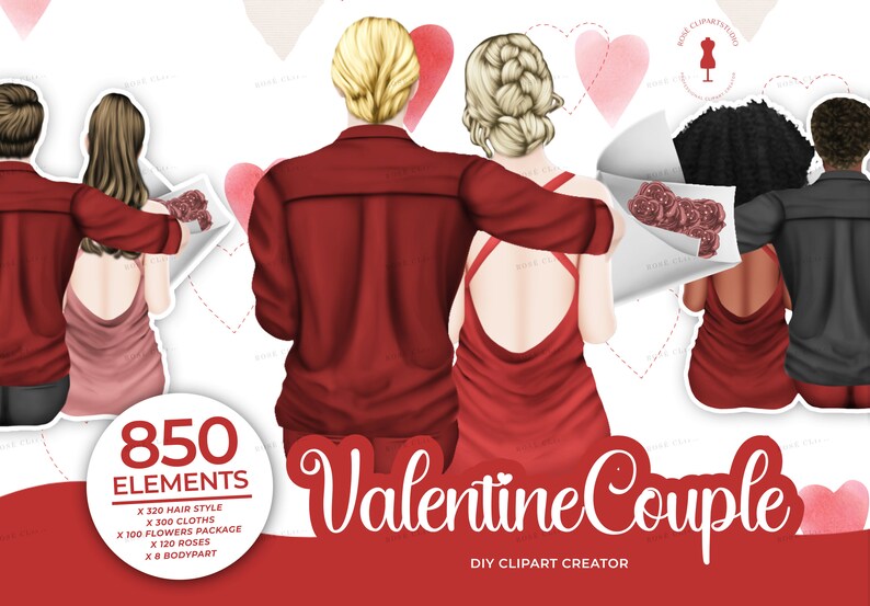 May include: A digital illustration of four Valentine's Day couples. The couples are in various poses, including hugging, holding hands, and looking at each other. The illustration is in a cartoon style and features bright colors. The text "850 Elements" and "Valentine Couple" is included in the image.
