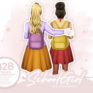 Clipart de meninas da escola, amigos melhores amigos, volta às aulas, alunos, educação, clipart de presente, clipart de criança, ilustração de crianças,