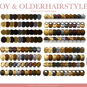 May include: An image showcasing a variety of boy and older hairstyles in 10 color tones. The text "BOY & OLDER HAIRSTYLES" is at the top. The image includes examples of different hair textures and styles, from curly to straight.